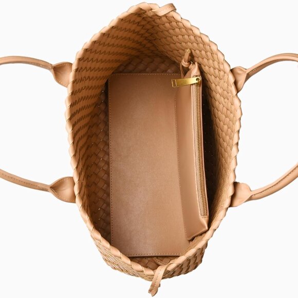 Apricot vegan woven tote bag for women, large convertible handbag with zipper - Picture 7 of 7